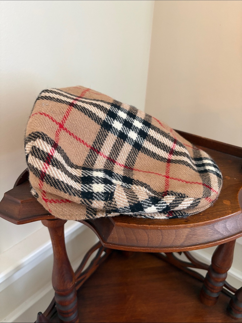 Burberry Beige Plaid Wool Newsboy Cap with Black and Red Accents